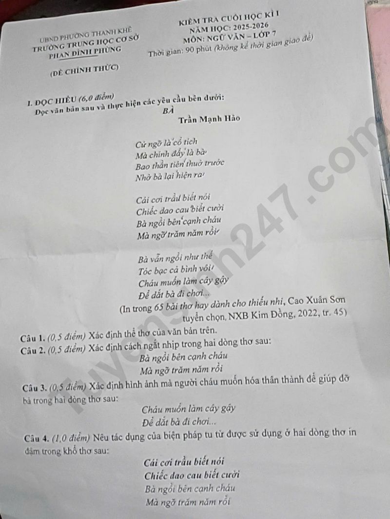 De thi hoc ki 1 lop 7 mon Van nam 2025 - THCS Phan Dinh Phung