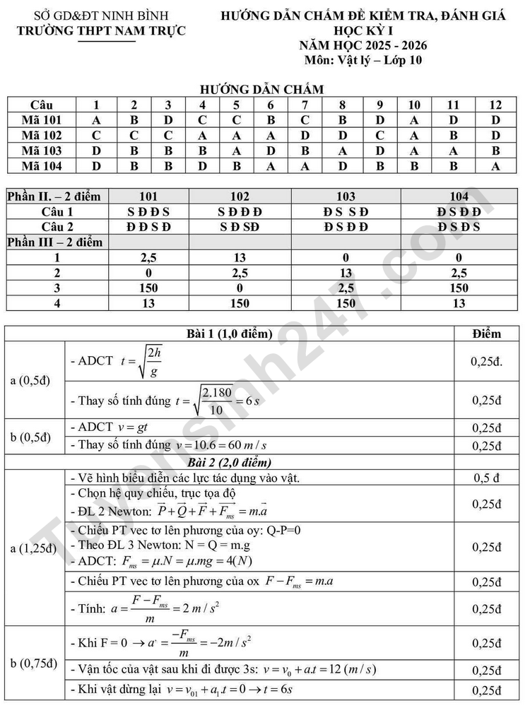 De thi ki 1 lop 10 mon Li 2025 - THPT Nam Truc (Co dap an)