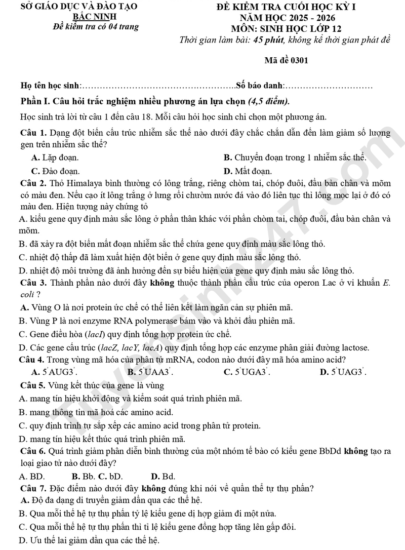 De thi ki 1 lop 12 mon Sinh 2025 - So GD Bac Ninh (Co dap an)