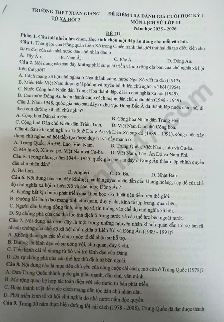 De thi ki 1 lop 11 mon Su 2025 - THPT Xuan Giang