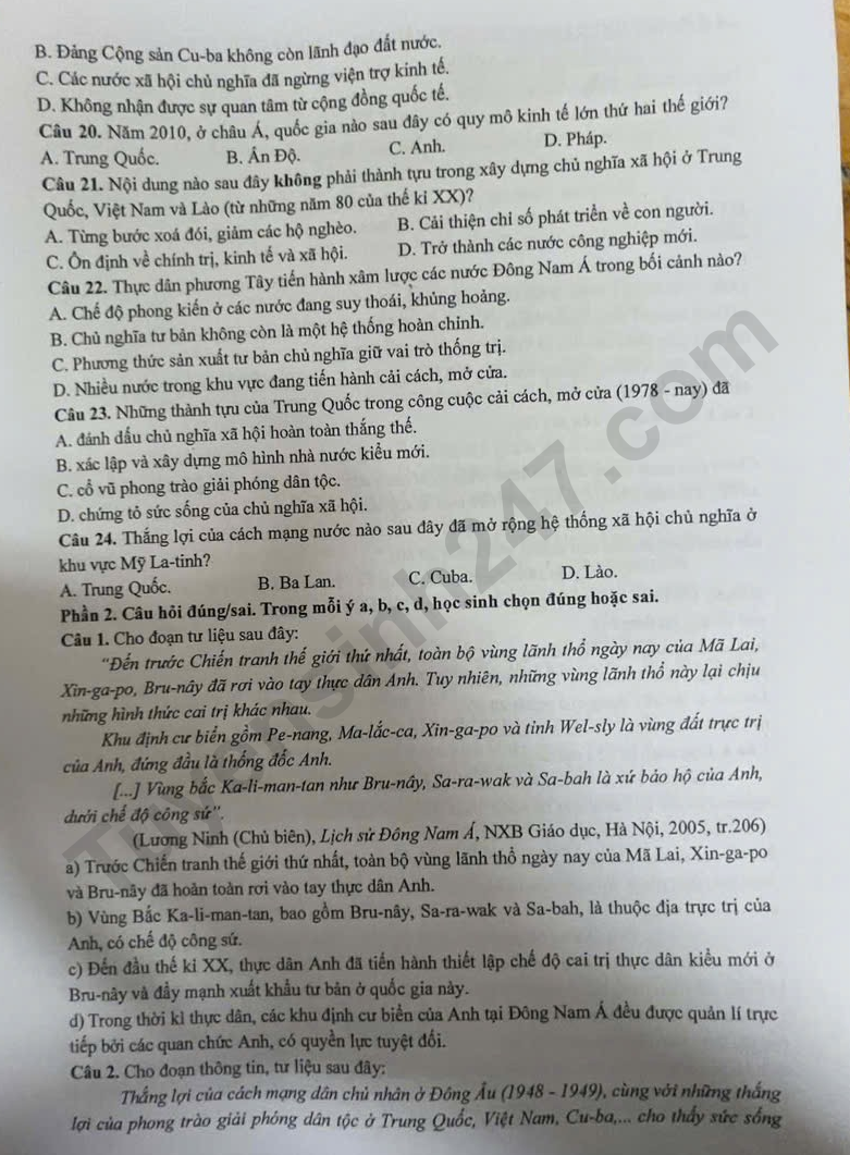 De thi ki 1 lop 11 mon Su 2025 - THPT Xuan Giang