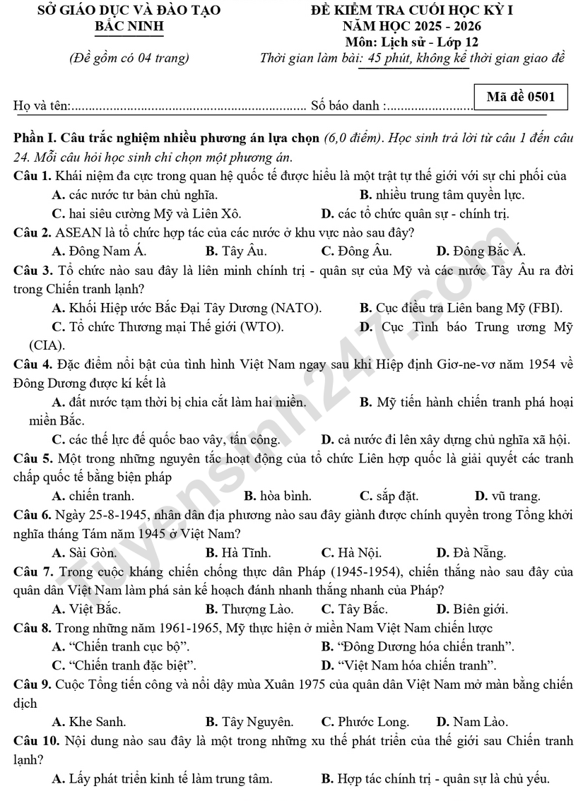 De thi ki 1 mon Su lop 12 - So GD Bac Ninh 2025 (Co dap an)