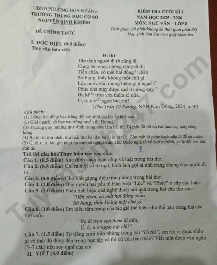 De thi ki 1 mon Van lop 8 - THCS Nguyen Binh Khiem 2025