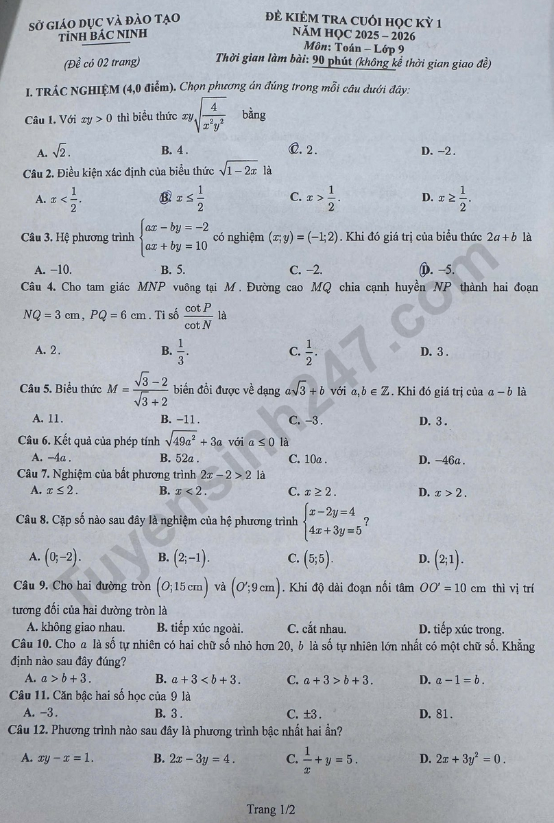 De thi ki 1 mon Toan lop 9 - So GD Bac Ninh 2025