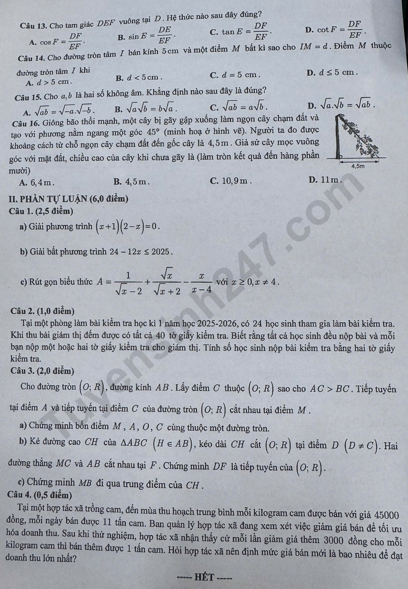 De thi ki 1 mon Toan lop 9 - So GD Bac Ninh 2025