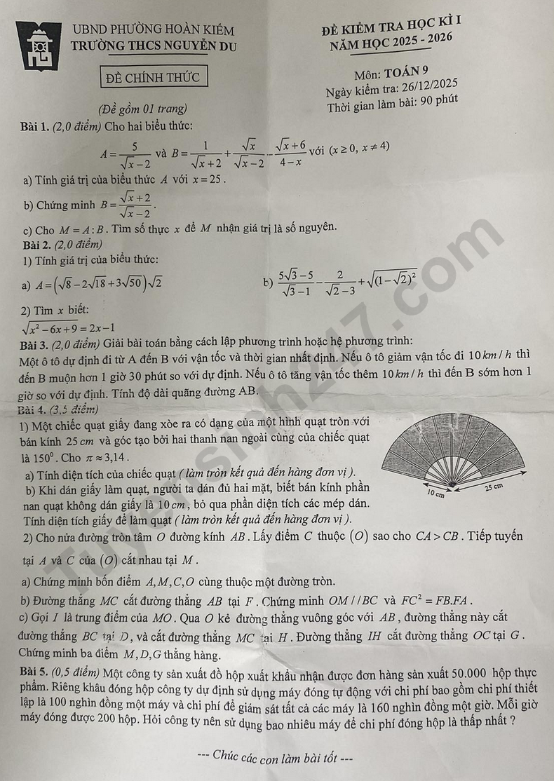 De thi hoc ki 1 mon Toan lop 9 nam 2025 - THCS Nguyen Du