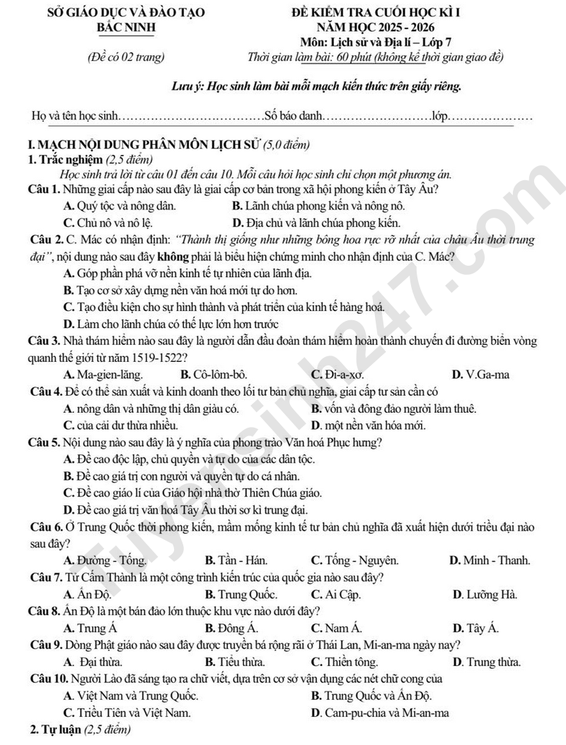 De thi HK1 lop 7 mon Lich su va Dia ly 2025 - So GD Bac Ninh (Co dap an)