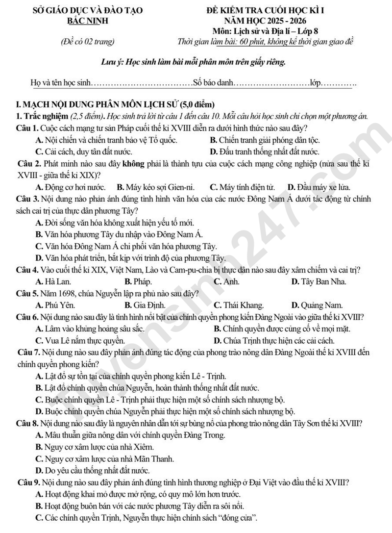 De thi HK1 lop 8 mon Lich su va Dia ly 2025 - So GD Bac Ninh (Co dap an)