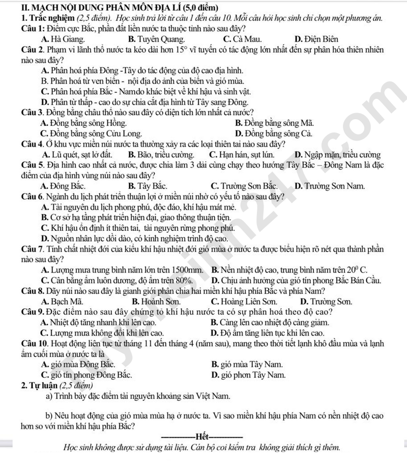 De thi HK1 lop 8 mon Lich su va Dia ly 2025 - So GD Bac Ninh (Co dap an)