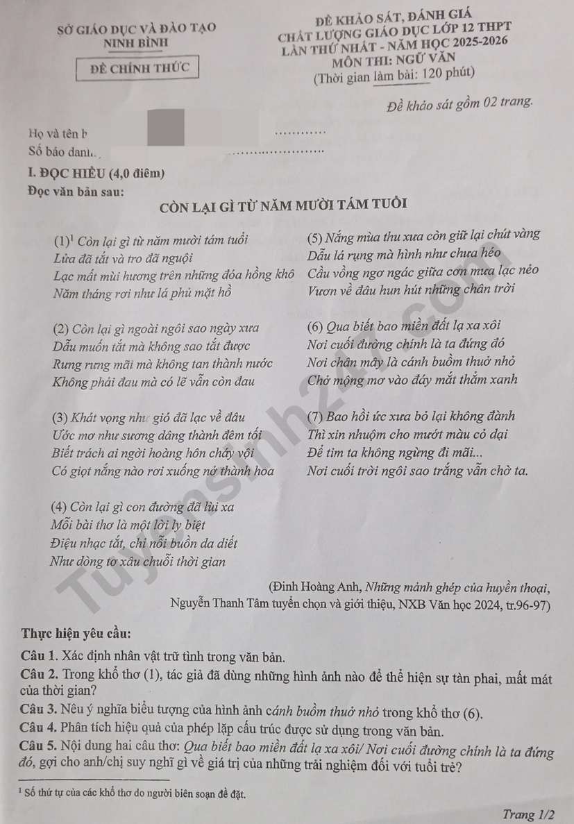 De thi ki 1 mon Van lop 12 nam 2025 - So GD Ninh Binh