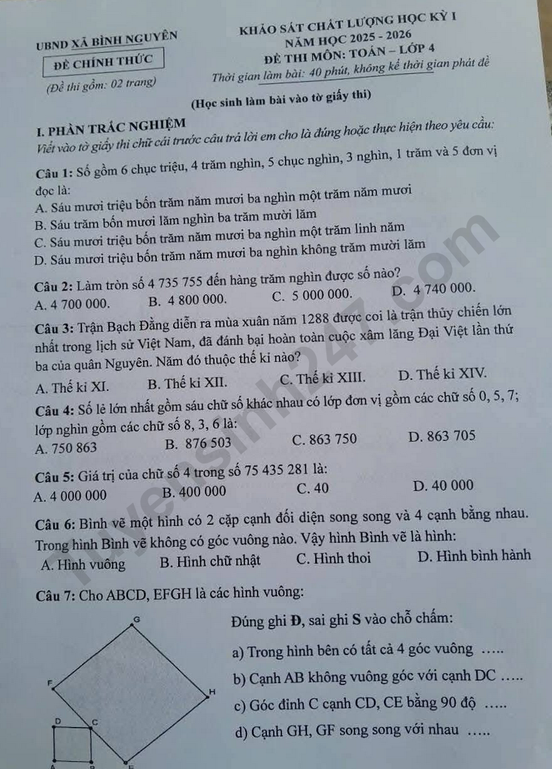 De thi ki 1 lop 4 mon Toan 2025 - Xa Binh Nguyen