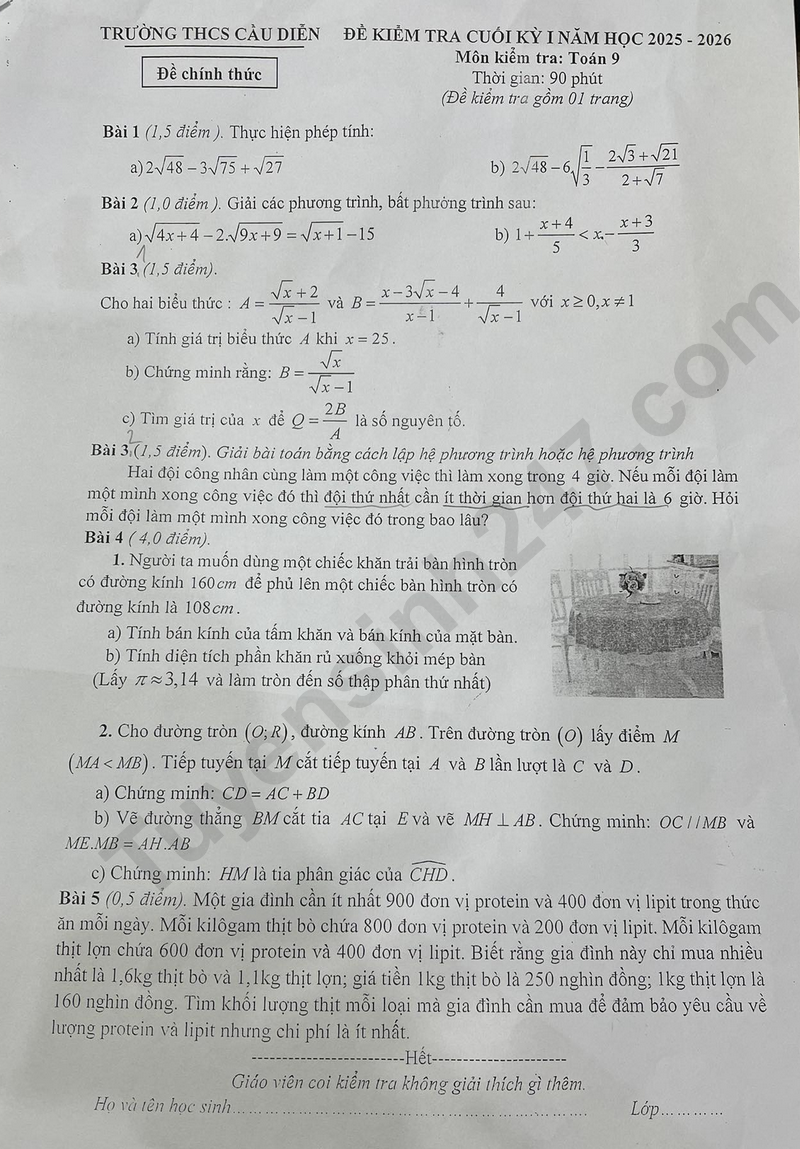 De thi ki 1 mon Toan lop 9 nam 2025 - THCS Cau Dien