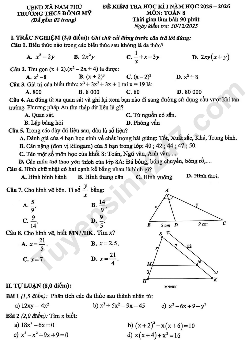 De thi HK1 lop 8 mon Toan 2025 - THCS Dong My