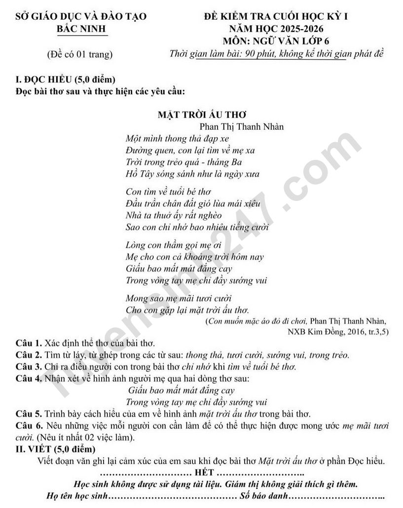 De thi ki 1 lop 6 mon Van 2025 - So GD Bac Ninh (Co dap an)