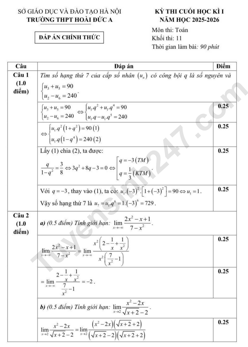 De thi HK1 nam 2025 mon Toan lop 12 - THPT Hoai Duc A (Co dap an)