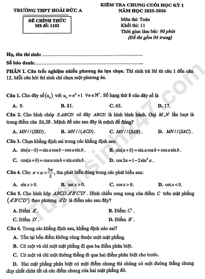 De thi HK1 nam 2025 mon Toan lop 12 - THPT Hoai Duc A (Co dap an)