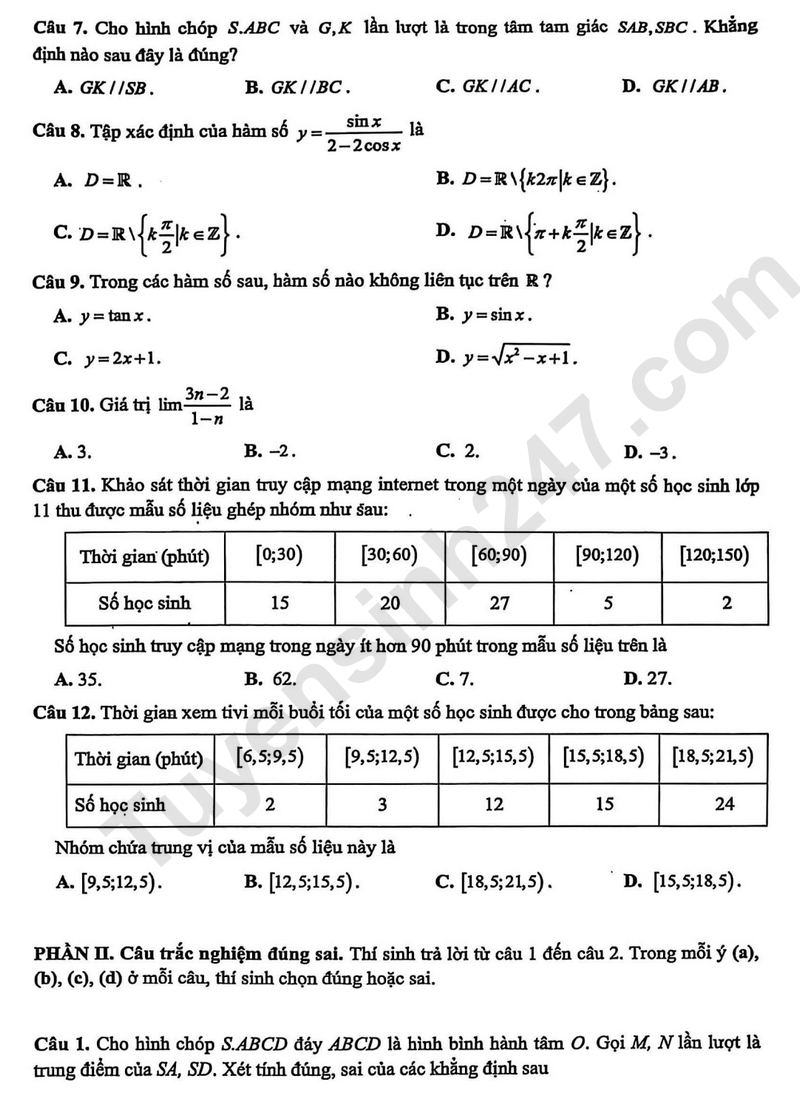 De thi HK1 nam 2025 mon Toan lop 12 - THPT Hoai Duc A (Co dap an)