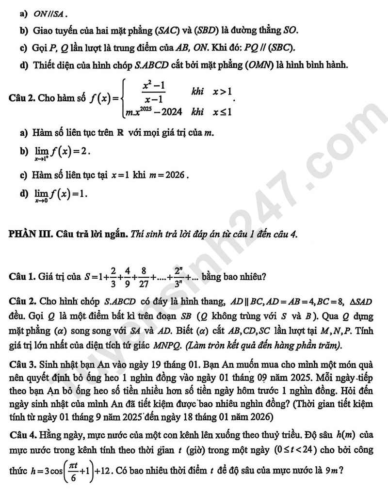 De thi HK1 nam 2025 mon Toan lop 12 - THPT Hoai Duc A (Co dap an)