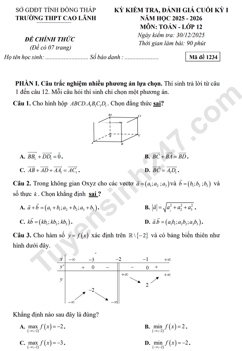 De thi cuoi ki 1 lop 12 mon Toan - THPT Cao Lanh 2025