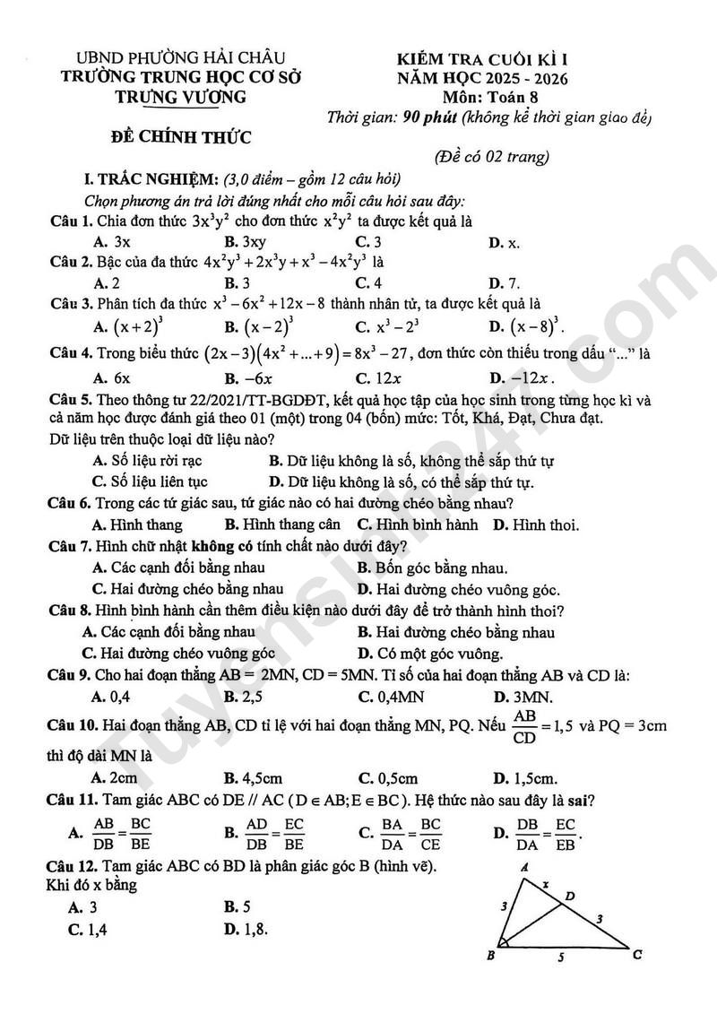 De thi HK 1 lop 8 mon Toan 2025 - THCS Trung Vuong