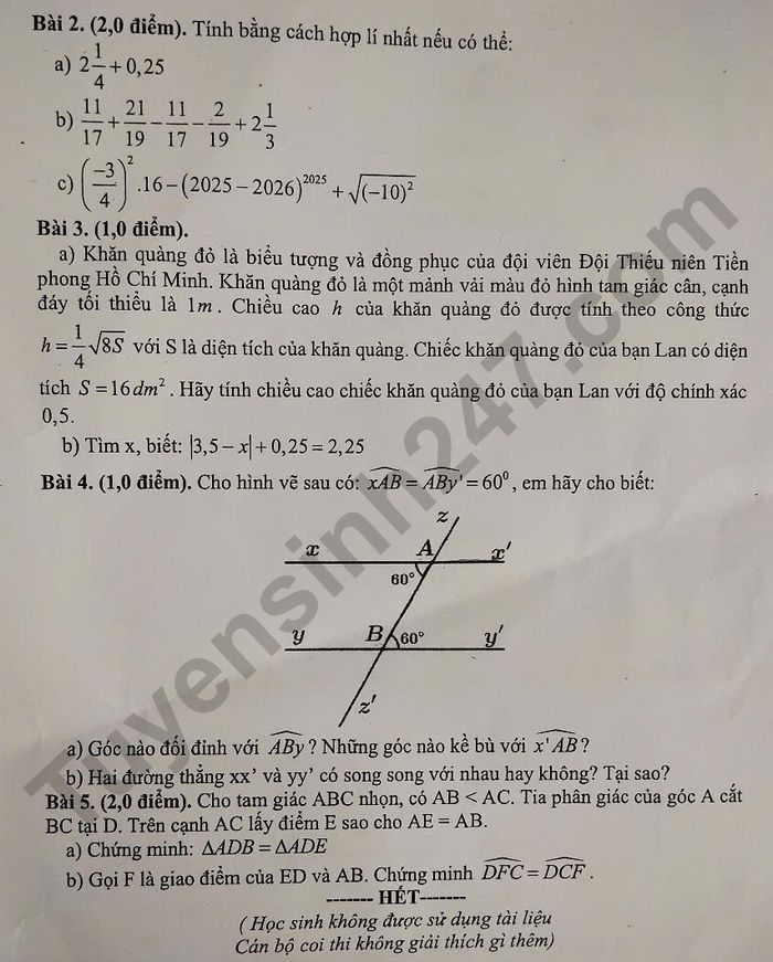 De thi hoc ki 1 lop 7 mon Toan 2025 - THCS Le Loi