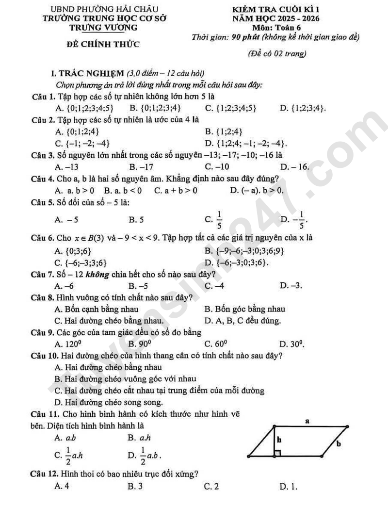 De thi HK 1 lop 6 mon Toan 2025 - THCS Trung Vuong