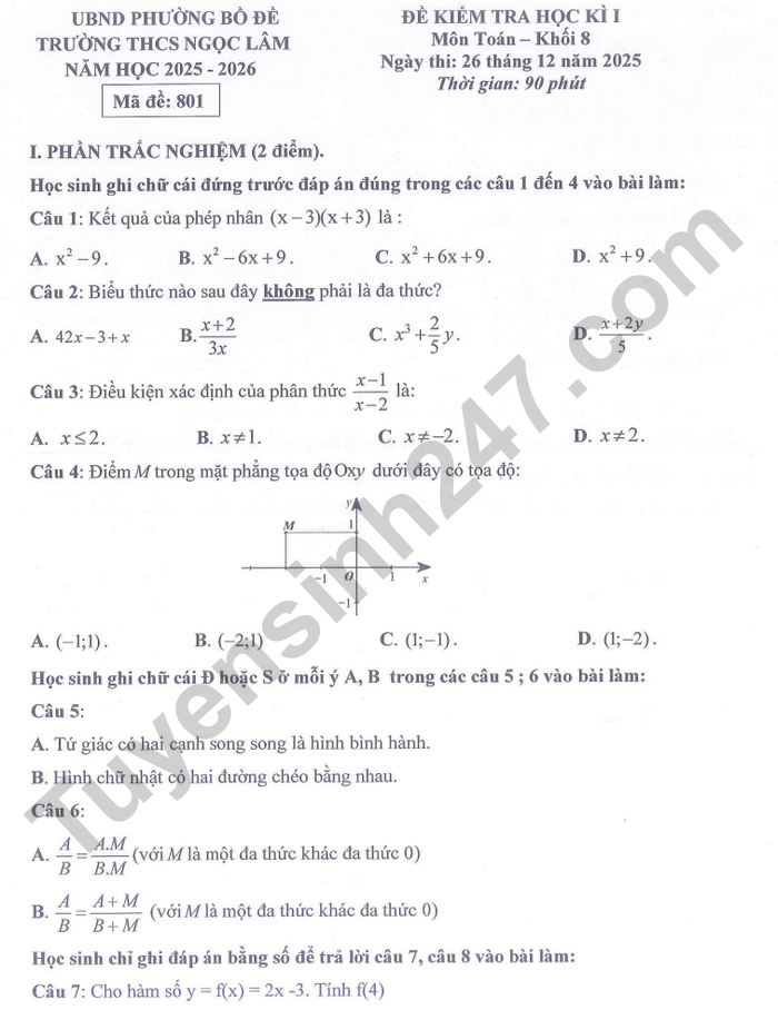 De thi hoc ki 1 nam 2025 lop 8 mon Toan - THCS Ngoc Lam