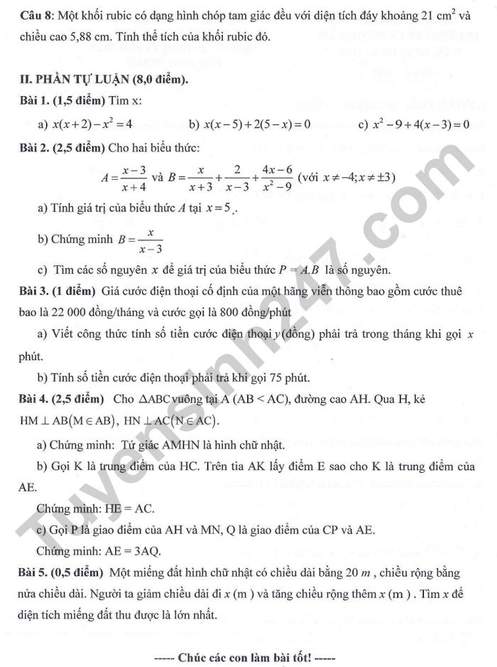 De thi hoc ki 1 nam 2025 lop 8 mon Toan - THCS Ngoc Lam