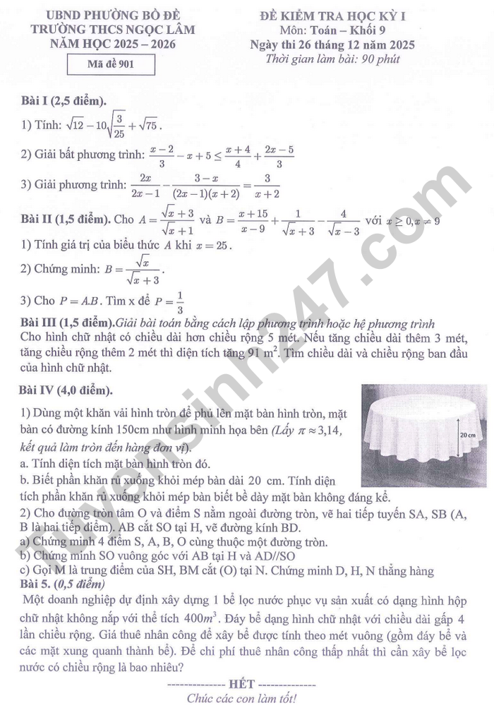 De thi hoc ki 1 Toan lop 9 - THCS Ngoc Lam 2025
