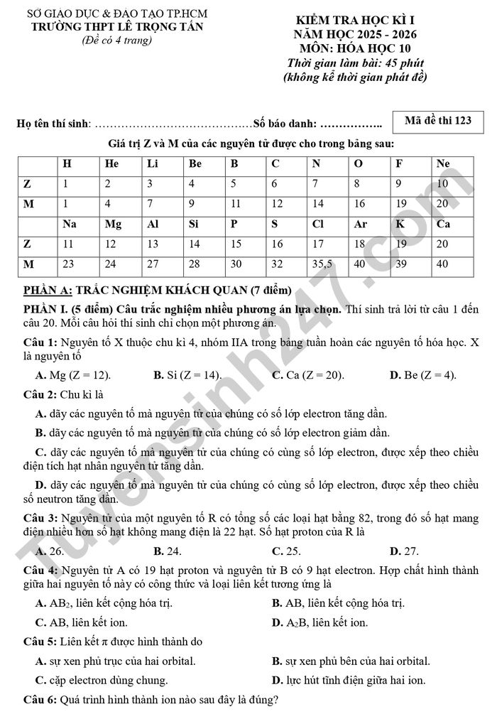 De thi hoc ki 1 lop 10 mon Hoa 2025 - THPT Le Trong Tan