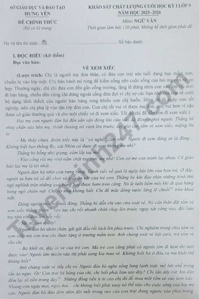De thi hoc ki 1 lop 9 mon Van 2025 - So GDDT Hung Yen