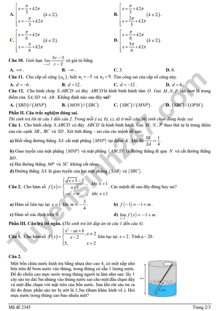 De thi cuoi ki 1 mon Toan lop 11 THPT Cu Chinh Lan 2025