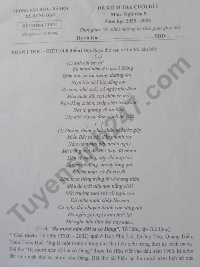 De thi cuoi ki 1 mon Van 9 xa Hung Dao 2025