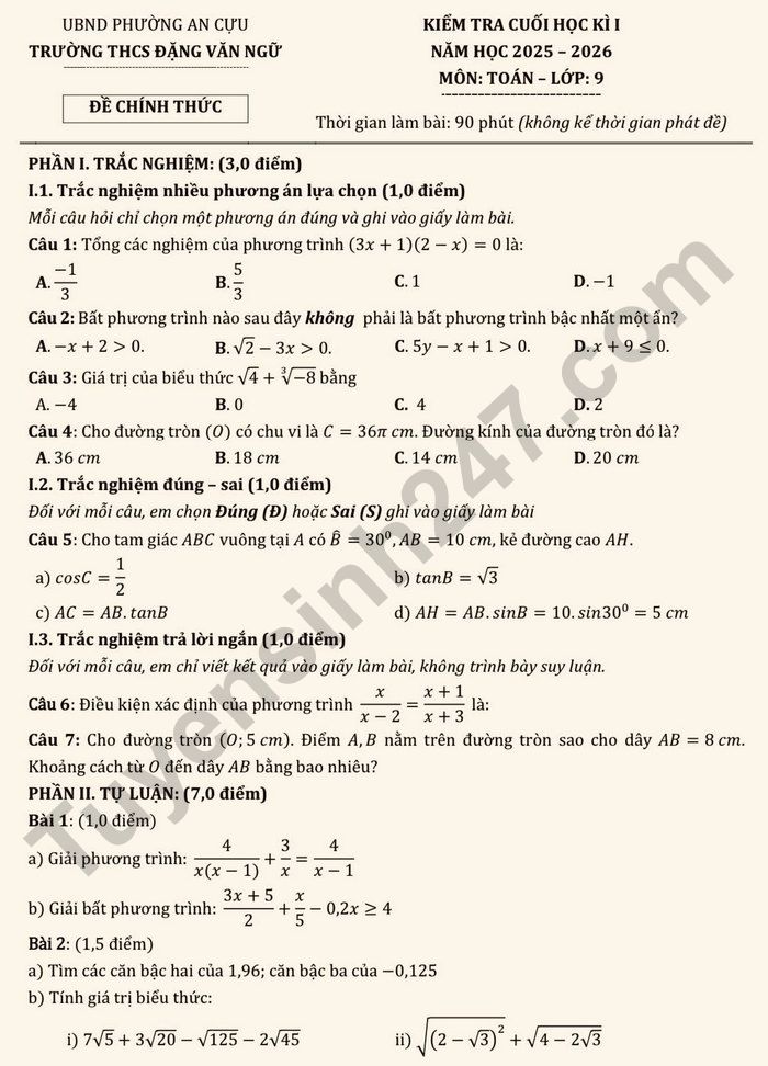 De thi cuoi ki 1 lop 9 mon Toan 2025 - THCS Dang Van Ngu