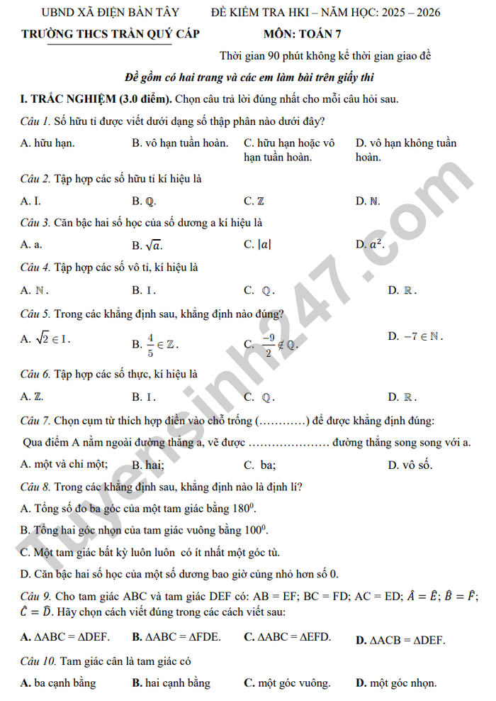 De kiem tra HK1 lop 7 mon Toan 2025 - THCS Tran Quy Cap