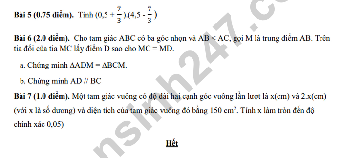De kiem tra HK1 lop 7 mon Toan 2025 - THCS Tran Quy Cap