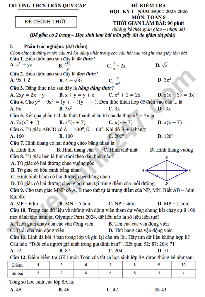 De thi hoc ki 1 nam 2025 THCS Tran Quy Cap - mon Toan 8 (co dap an)