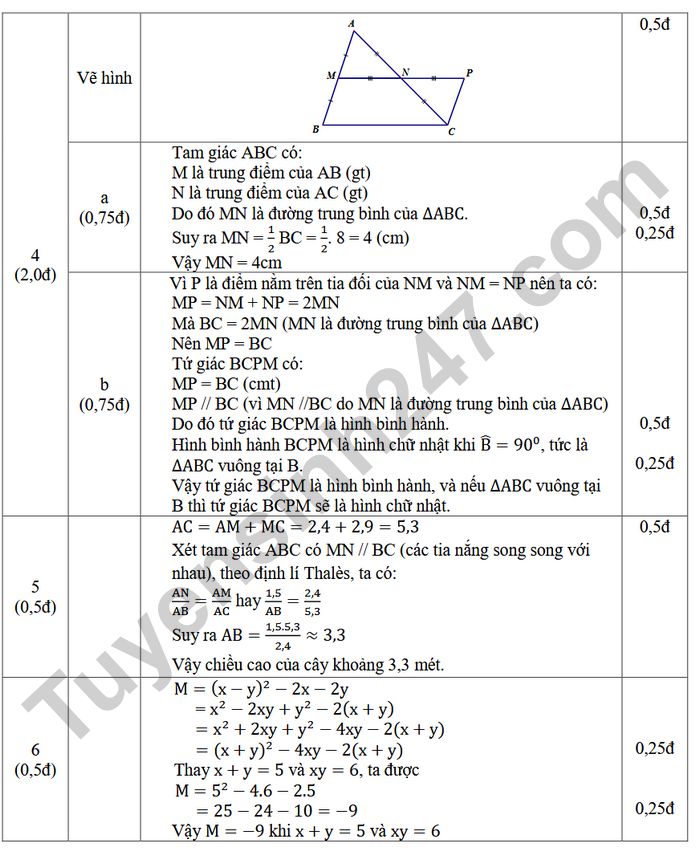 De thi hoc ki 1 nam 2025 THCS Tran Quy Cap - mon Toan 8 (co dap an)