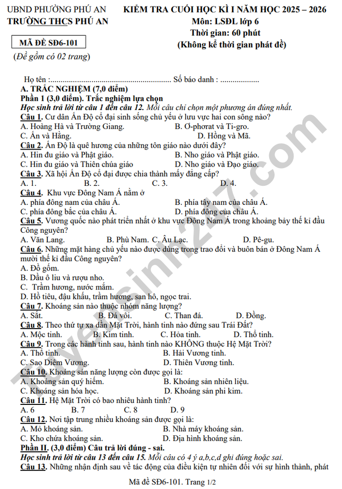 De thi cuoi ki 1 mon Su-Dia 6 THCS Phu An 2025