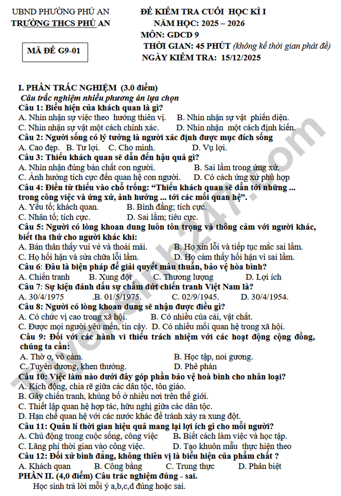 De thi hoc ki 1 mon GDCD lop 9 THCS Phu An 2025 - Co dap an