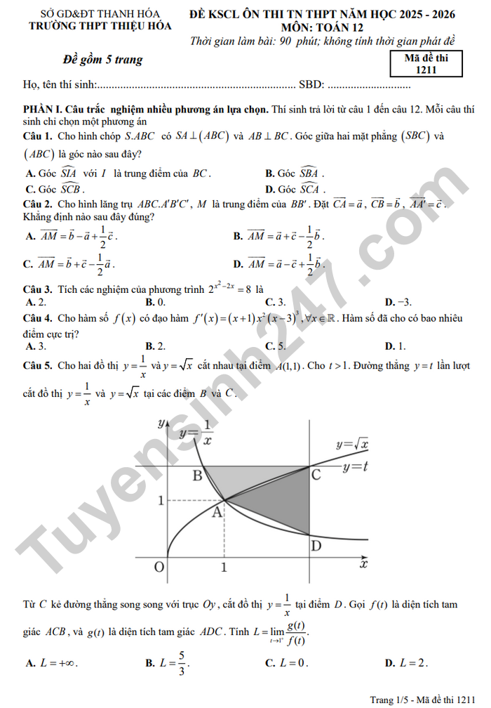 De thi thu tot nghiep THPT 2026 mon Toan - THPT Thieu Hoa