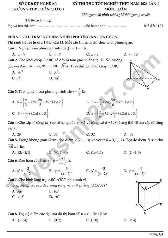 De thi thu mon Toan tot nghiep THPT 2026 - THPT Dien Chau 4 lan 1