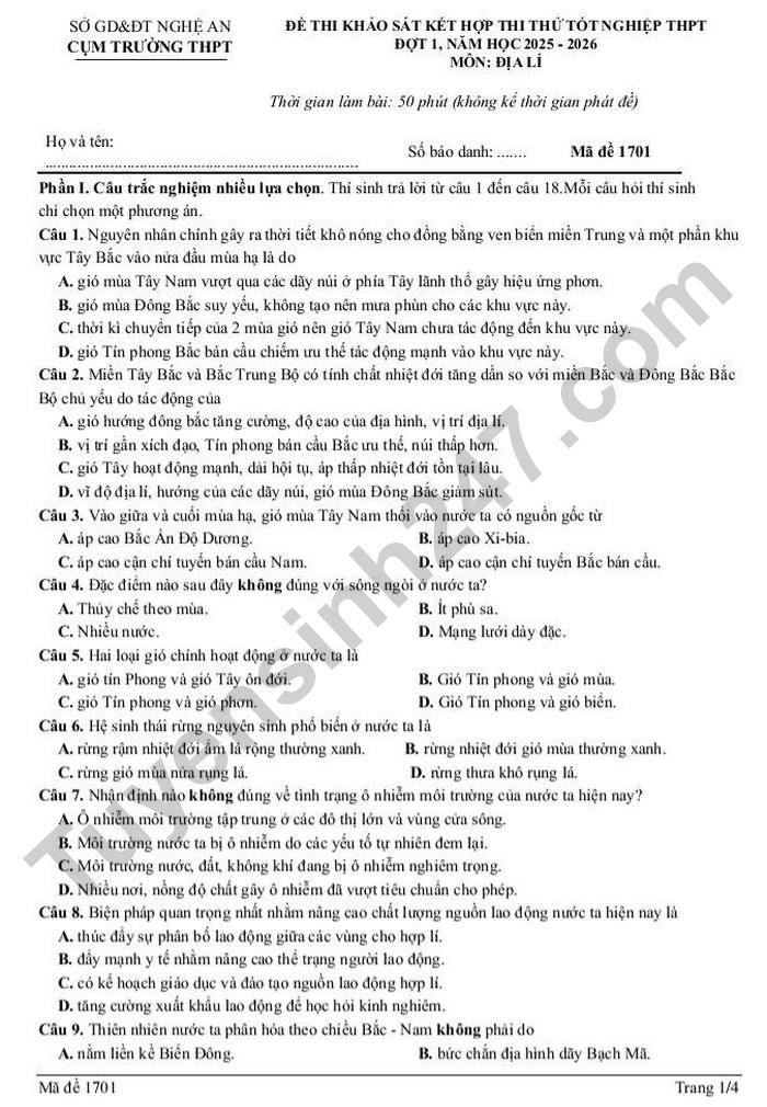 De thi thu tot nghiep THPT 2026 mon Dia - Cum truong THPT Nghe An (dot 1)