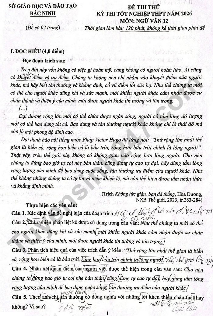 De thi thu tot nghiep THPT 2026 mon Van - Bac Ninh