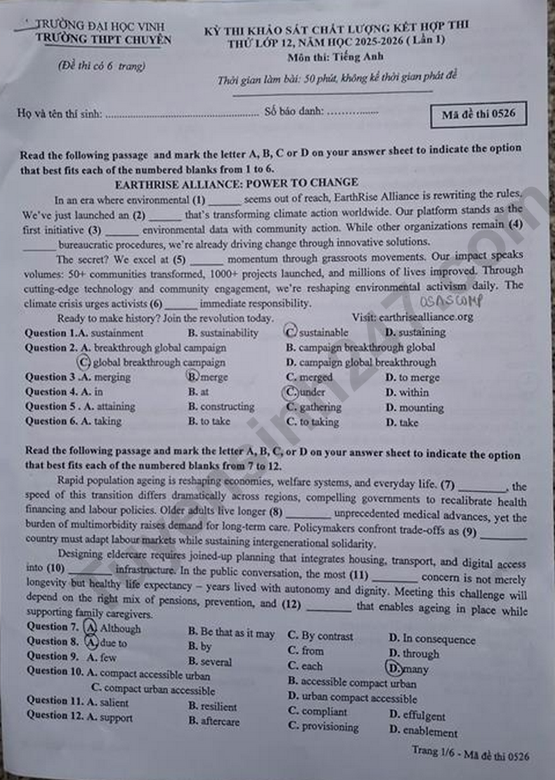 De thi thu tot nghiep THPT mon Anh 2026 - Chuyen DH Vinh lan 1