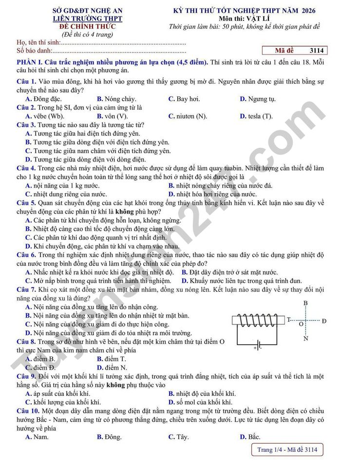 De thi thu tot nghiep THPT 2026 mon Ly - Lien truong THPT Nghe An