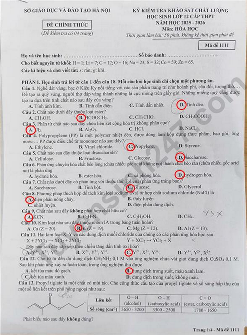 Huong dan giai mon Hoa De thi khao sat lop 12 - Ha Noi 2026