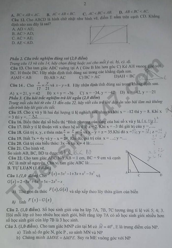 De thi giua ki 2 nam 2026 Toan lop 7 - TH&THCS Cu Yen