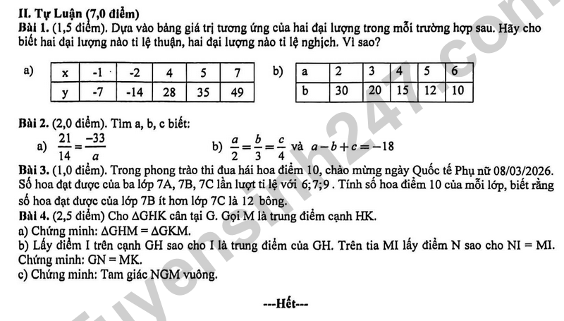 De giua hoc ki 2 Toan 7 truong THCS Dang Tan Tai nam 2026
