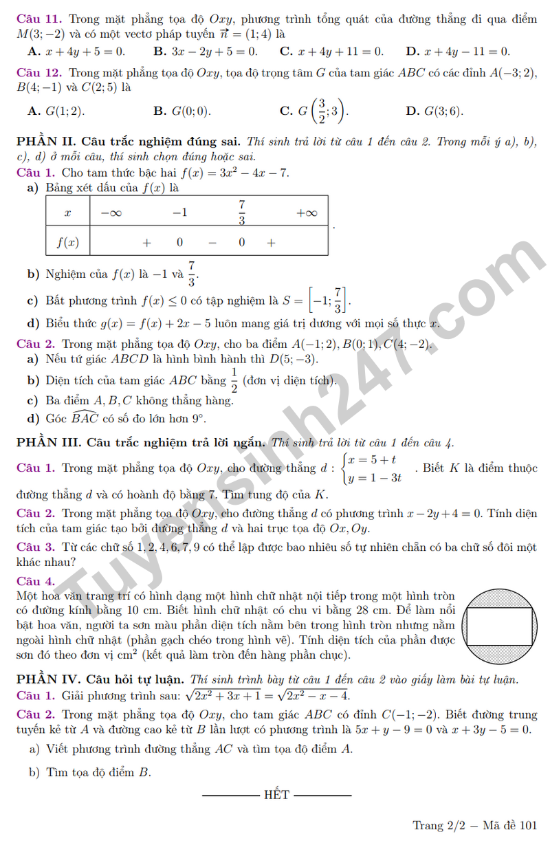 De giua ky 2 Toan 10 truong chuyen Luong The Vinh 2026 - Ma de 101 (Co dap an)